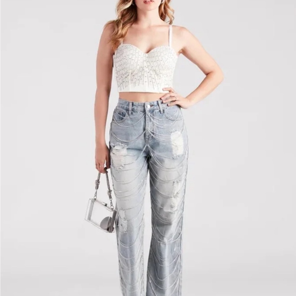 Glitzy Icon Rhinestone Draped Straight-Leg Jeans